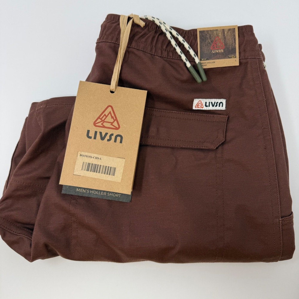 LIVSN Mens Holler Short Brown Organic‎ Cotton Recycled Polyester Blend Large NEW